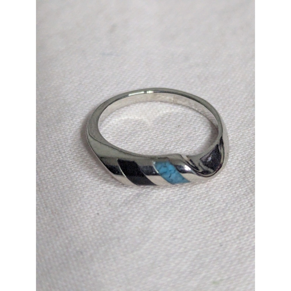 Black turquoise inlay stone band Womens unisex mens silver ring‎ 9 Anniversary